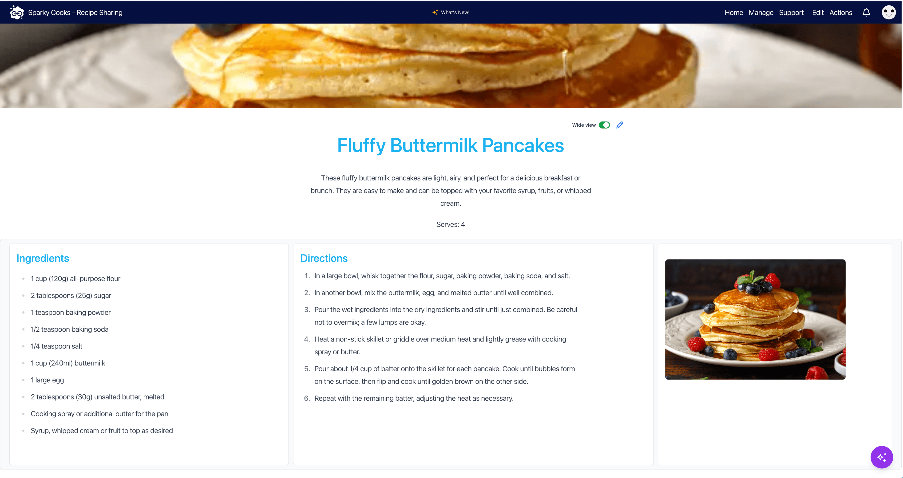 The Sparky Cooks pancake recipe with ingredients, directions, and a recipe photo side by side