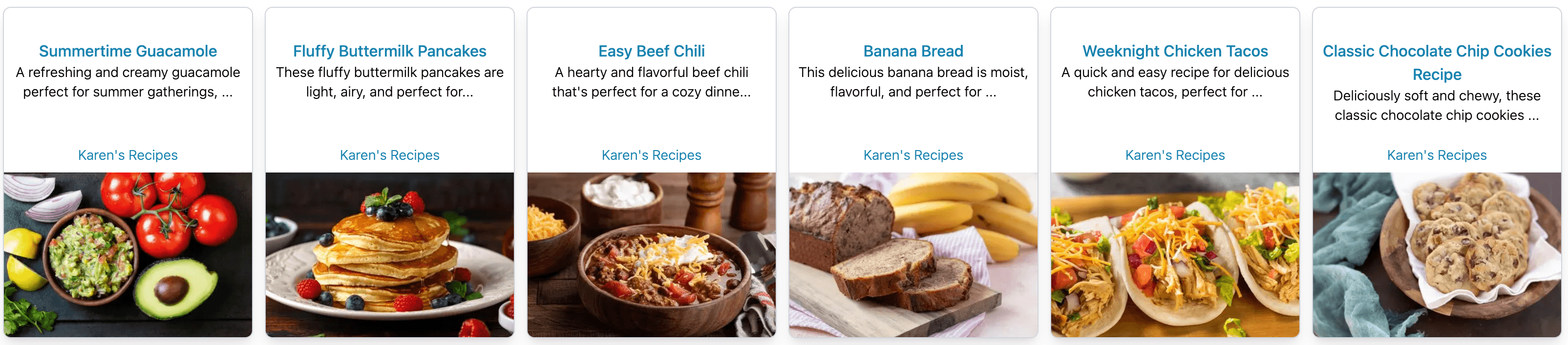 Sparky Cooks recipe collection with guacamole, pancakes, chili, banana bread, tacos, and cookies